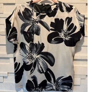 REISS 100% Silk Floral Black White Ruffle Neck Short Sleeve Blouse Top Shirt US6